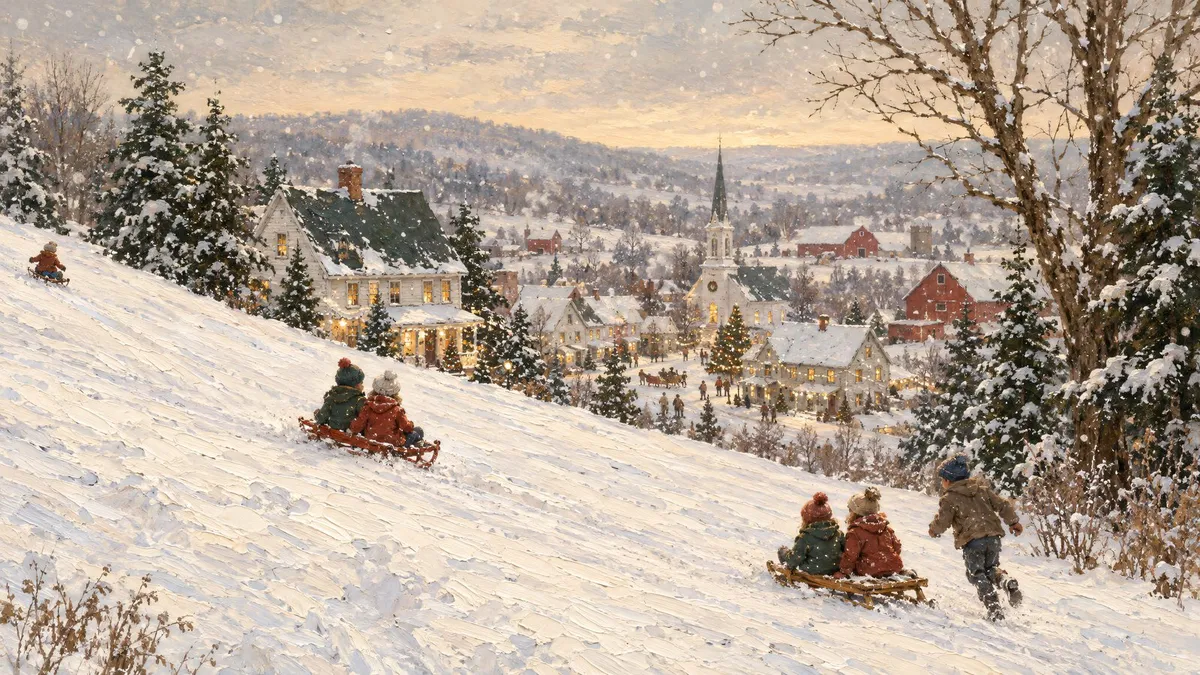 Children on sleds speed down a snowy hill toward a lit village with a church steeple and red barns at dusk
