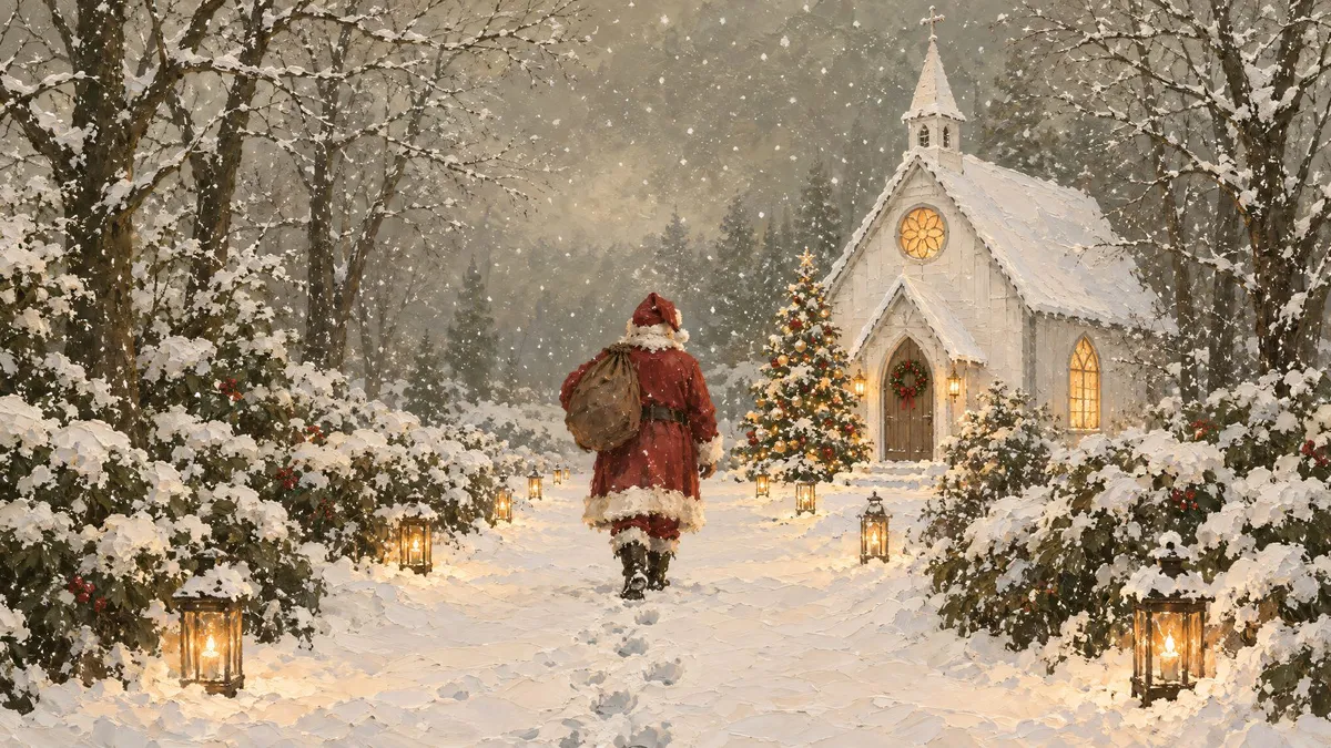 Santa Snowy Church Path shown on your frame