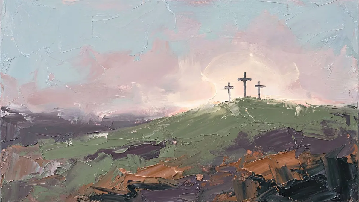 Three crosses on a green hilltop beneath a pink and pale blue sky, painted in thick palette-knife strokes