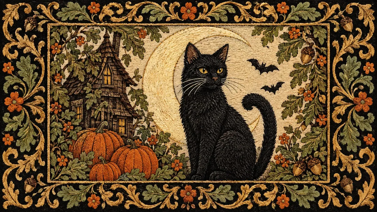 Embroidered scene of a black cat before a crescent moon, with a crooked house, pumpkins, bats and a leafy border