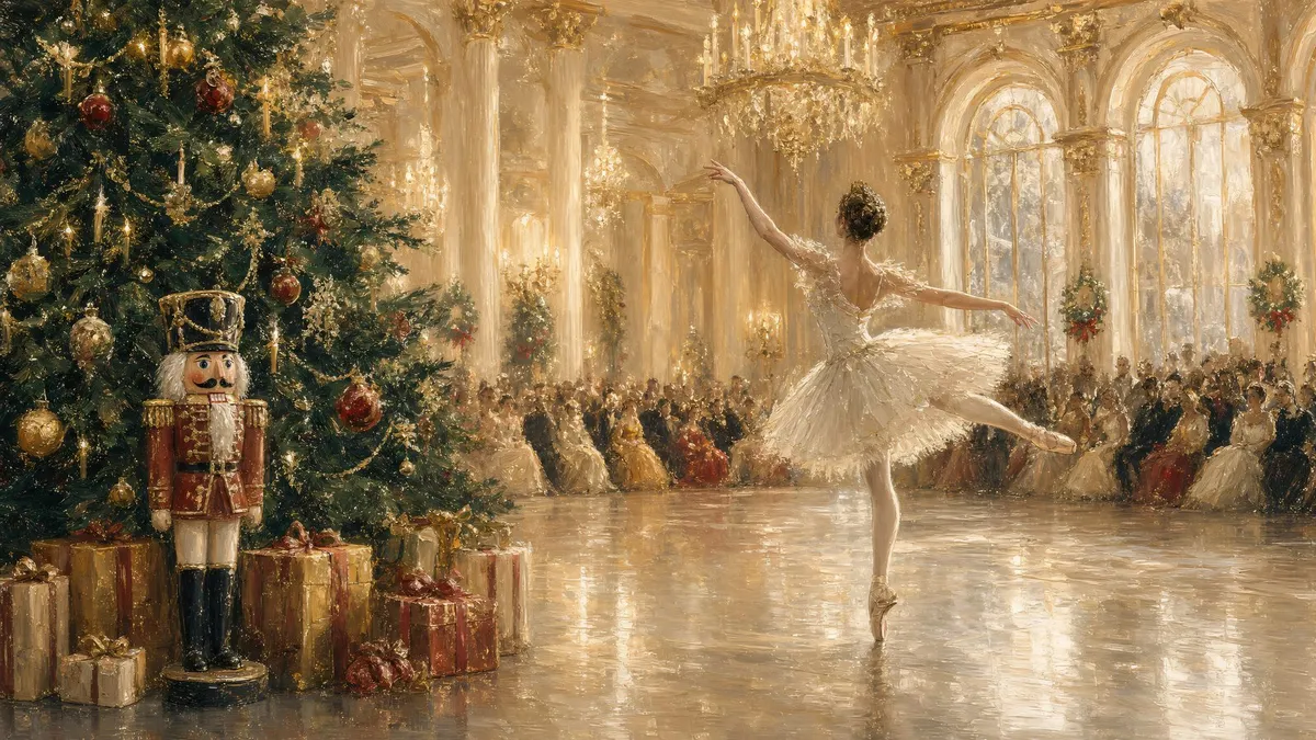 Ballerina in a white tutu beside a decorated Christmas tree and toy nutcracker in a grand ballroom with arched windows