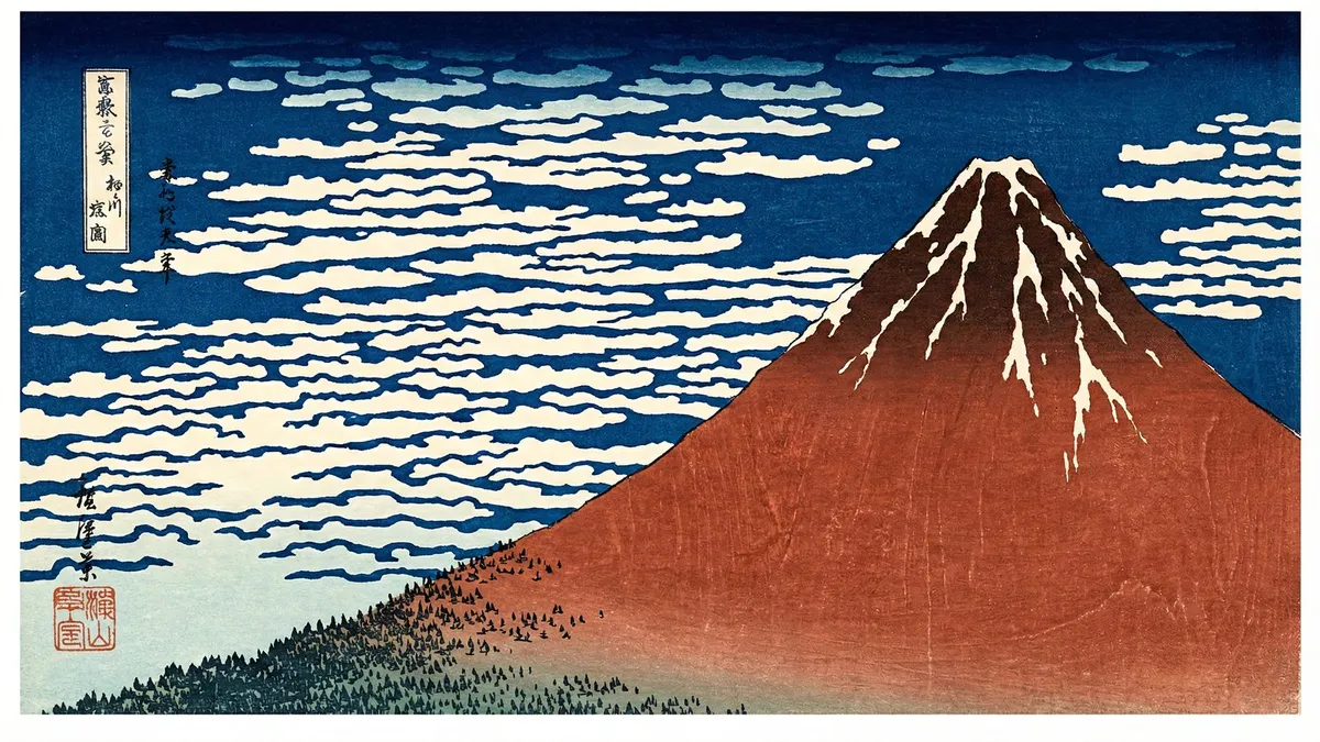 Red mountain with snow streaks above a pine-covered slope under a navy sky of white cloud bands, with calligraphy at left