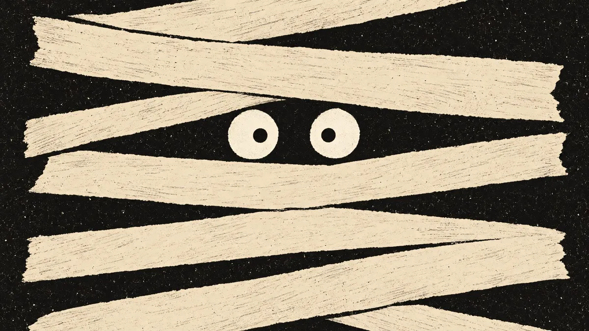 Black background crossed by cream bandage strips with two round ivory eyes peeking through a narrow gap
