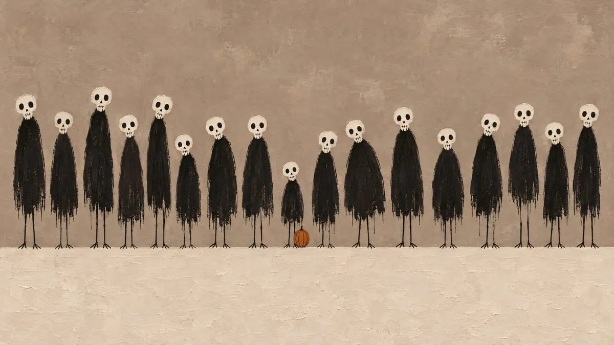 Row of tall black-robed skeletons with white skulls standing in a line, one small skeleton beside an orange pumpkin