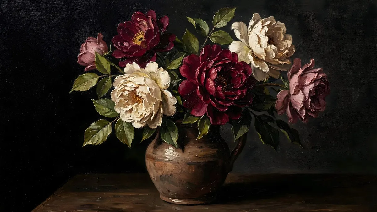 Moody Dark Floral Peonies shown on your frame