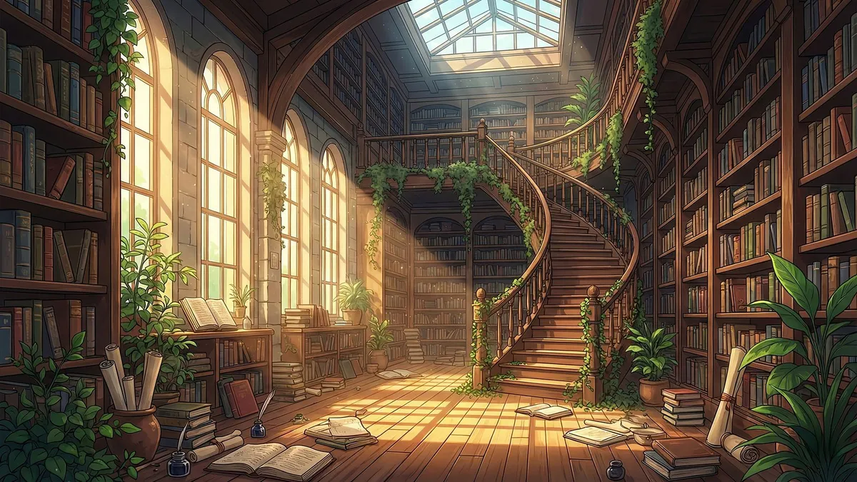 Sunlit library with a curved wooden staircase, arched windows, ivy, plants, and open books and scrolls on the floor