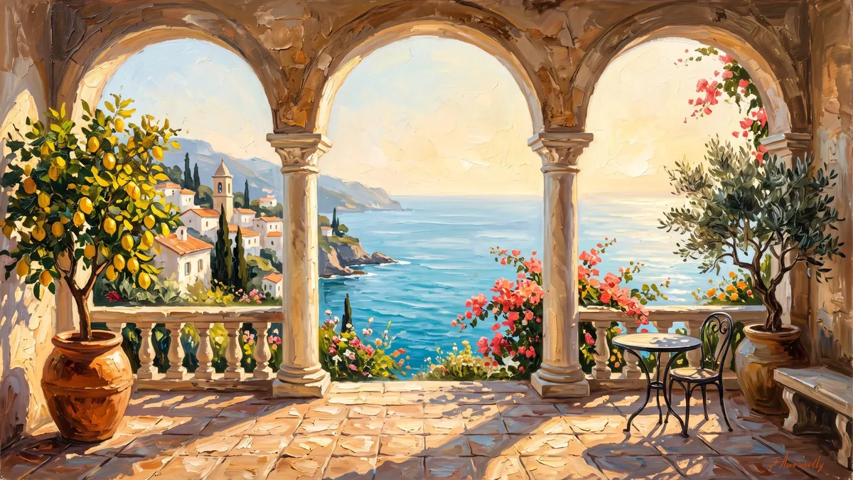 Stone arches on a terrace overlooking the sea, with lemon tree, bougainvillea, bistro table and hillside village