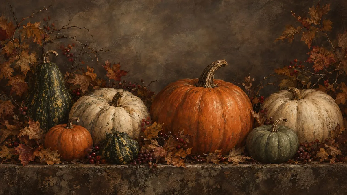 Orange, cream and green pumpkins and gourds on a weathered stone ledge with maple leaves, twigs and red berries