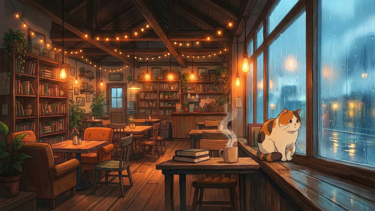 Warm café with string lights, a calico cat on a rainy window ledge, and a steaming mug on a table with books