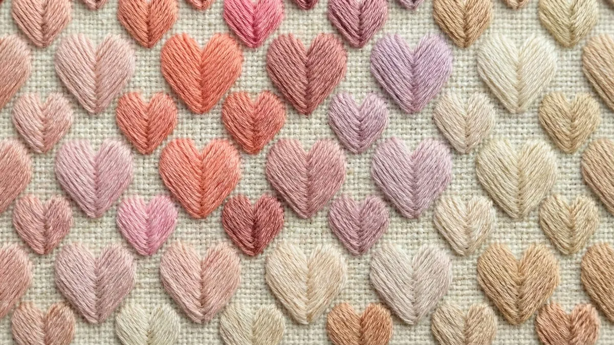 Rows of satin-stitched hearts in coral, pink, lilac and cream thread on natural linen