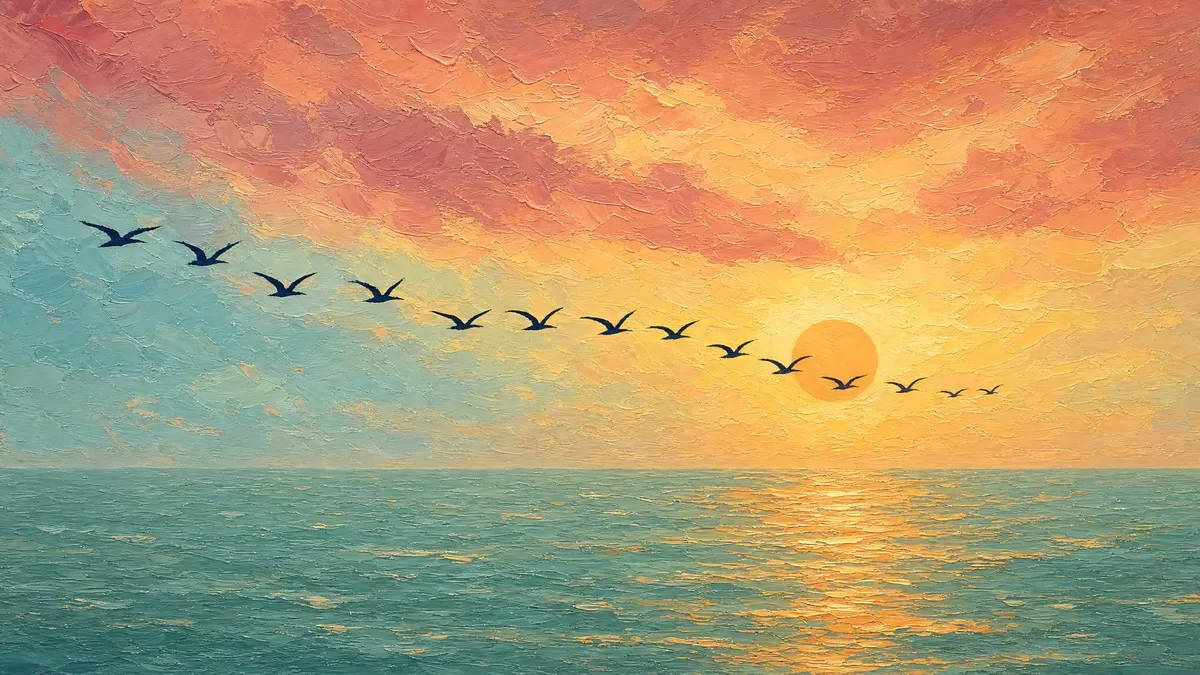 Dark geese flying in a V across a low glowing sun above a calm golden sea, in thick oil brushstrokes