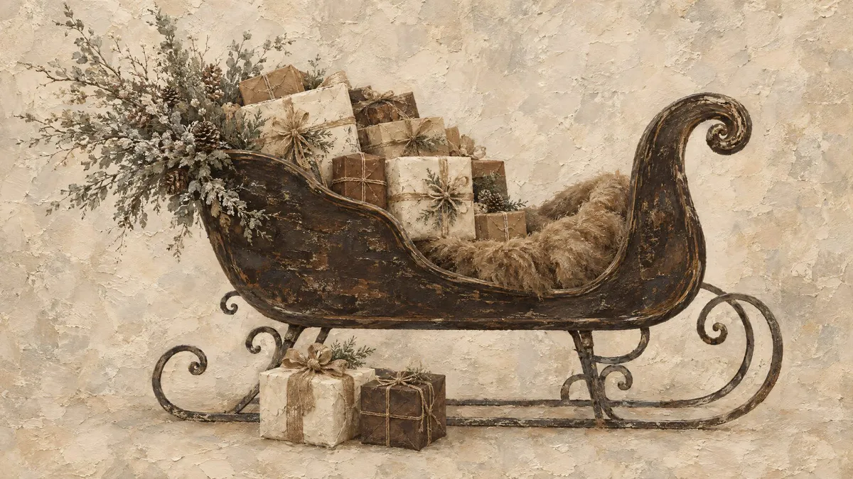 Antique dark sleigh piled with cream and kraft gift boxes and dried branches, with two presents on the ground