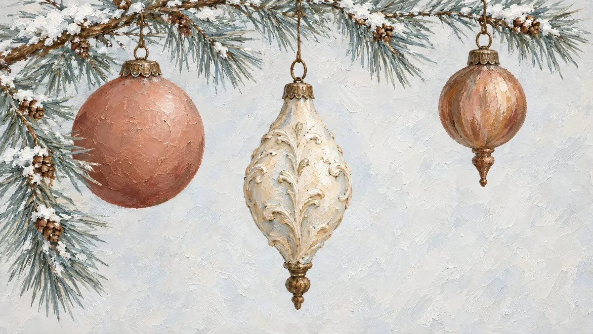 Vintage Ornaments On Snowy Pine shown on your frame