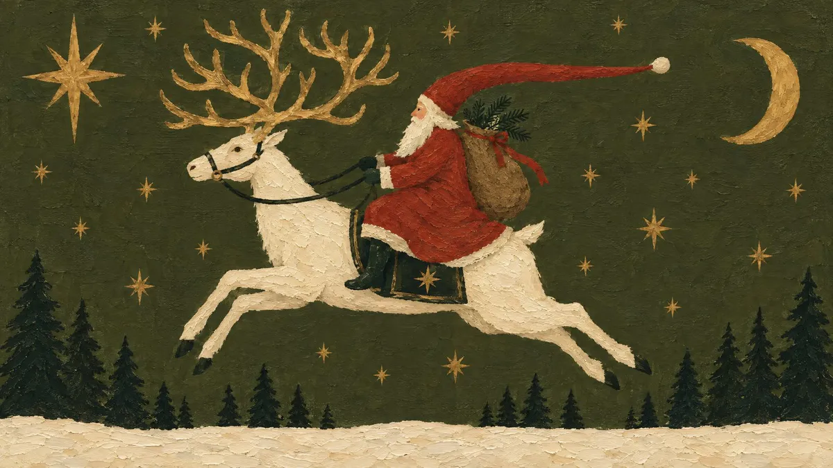 Santa in a long red hat riding a leaping white reindeer under gold stars and a crescent moon, with dark firs below
