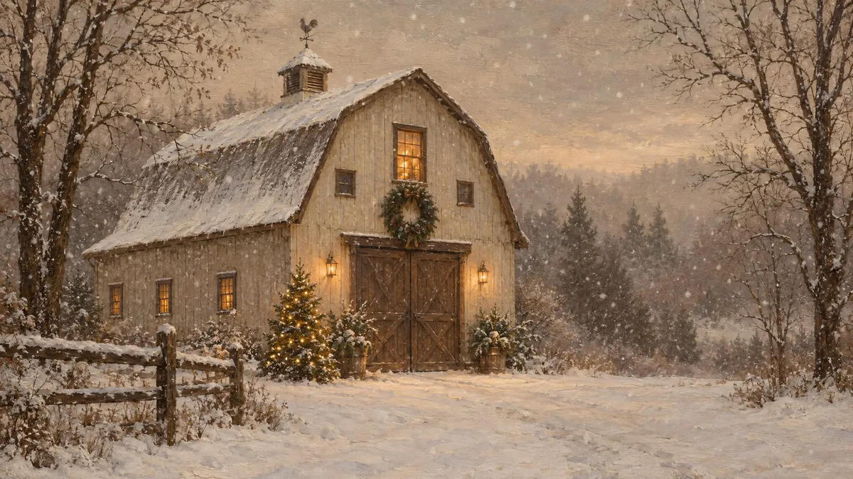 Snowy Christmas Barn shown on your frame