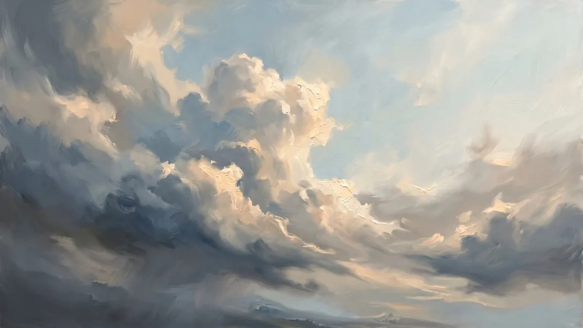 Towering cream and slate-blue clouds lit from the side across a pale blue sky, in thick oil brushstrokes
