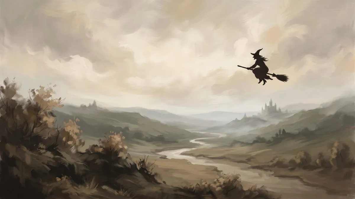 Flying Witch Muted Neutral Landscape shown on your frame