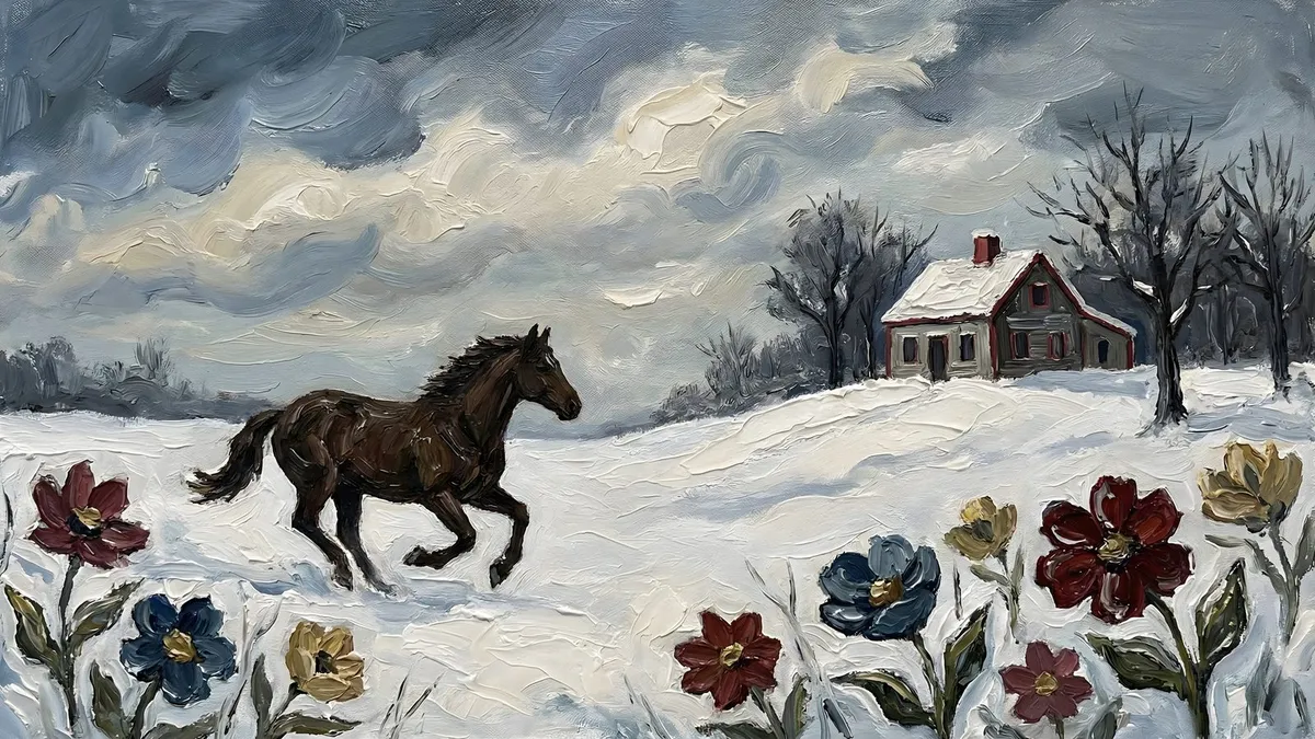 Galloping Horse Winter shown on your frame