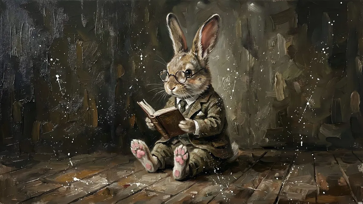 Whimsical Rabbit Reading Portrait shown on your frame