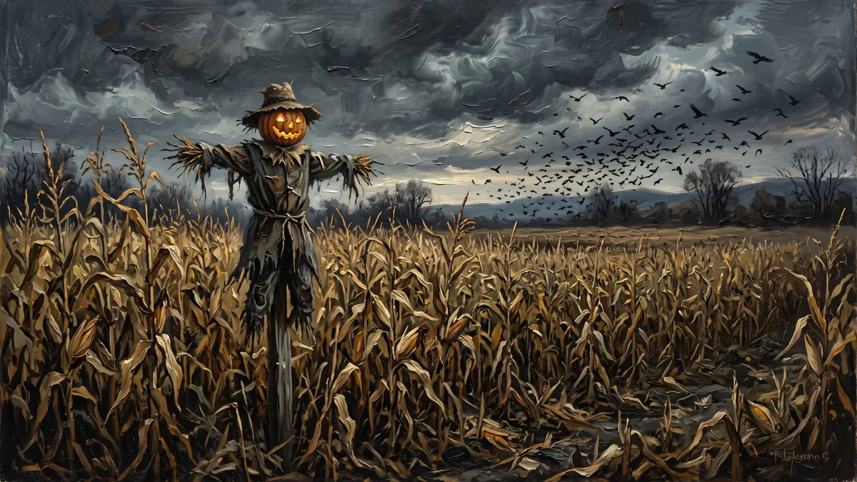 Spooky Pumpkin Scarecrow Cornfield shown on your frame