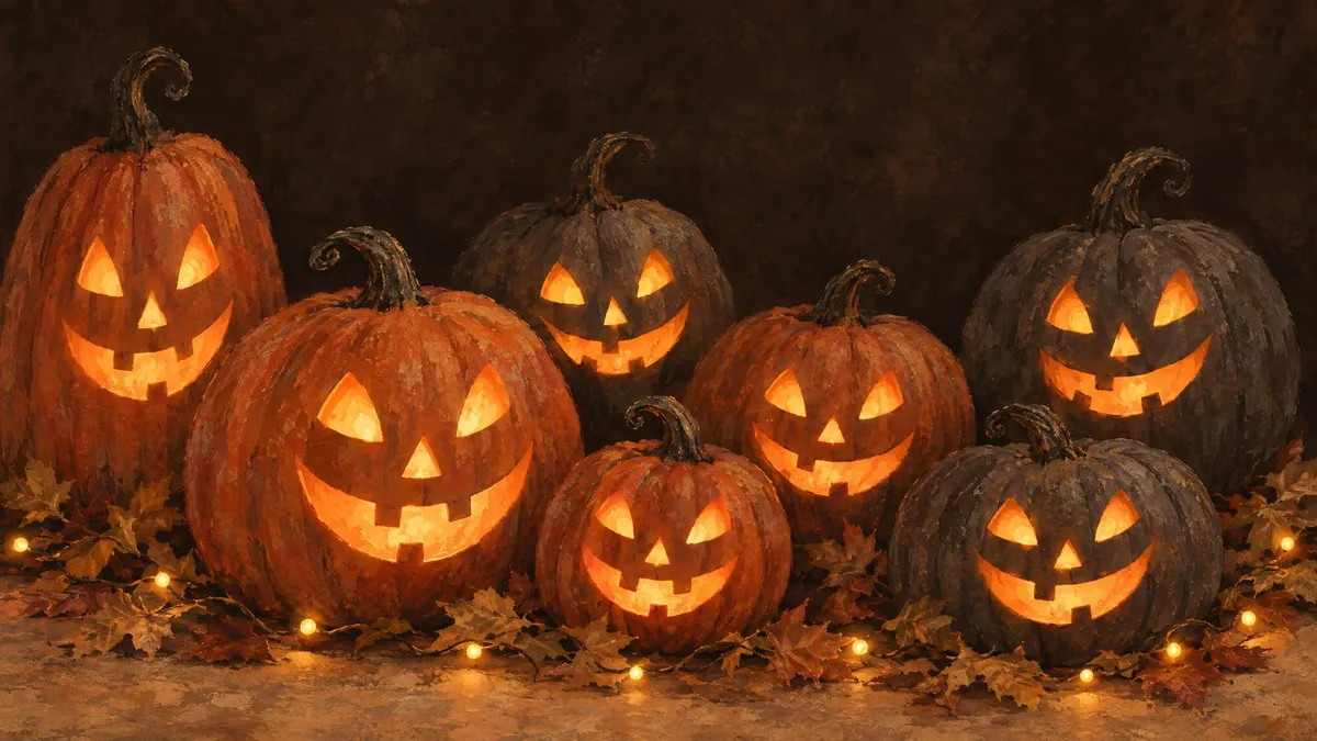 Seven glowing carved pumpkins in rust-orange and charcoal gray on a table with scattered leaves and tiny fairy lights