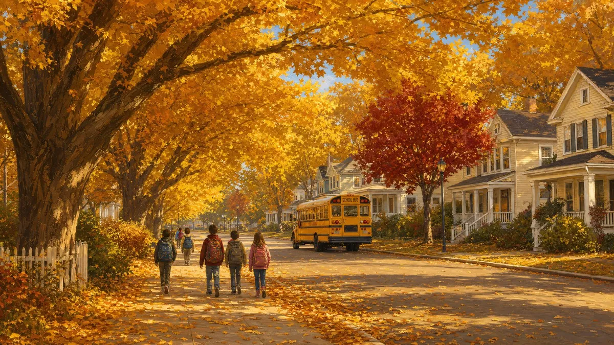 Autumn School Bus Street shown on your frame
