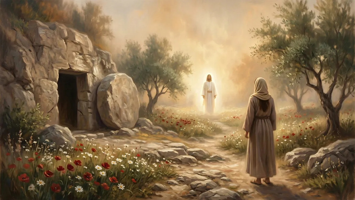 A veiled woman in a long robe stands on a stony path facing a glowing white-robed figure beside an open rock tomb