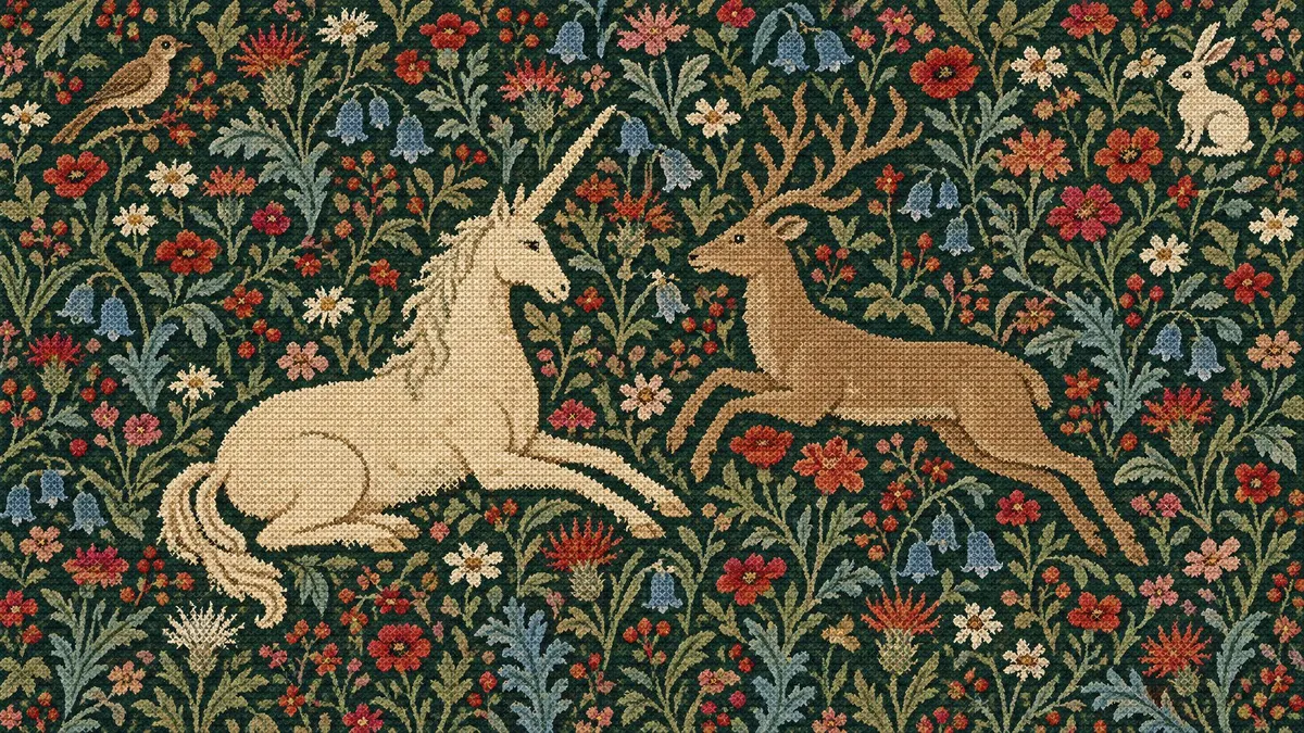 Stitched tapestry of a reclining unicorn and a leaping stag among dense wildflowers, a songbird and a rabbit