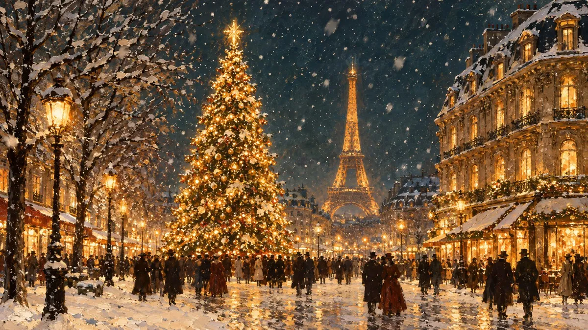 Oil painting of a lit Christmas tree in a snowy Paris plaza at night, with the Eiffel Tower glowing in the distance
