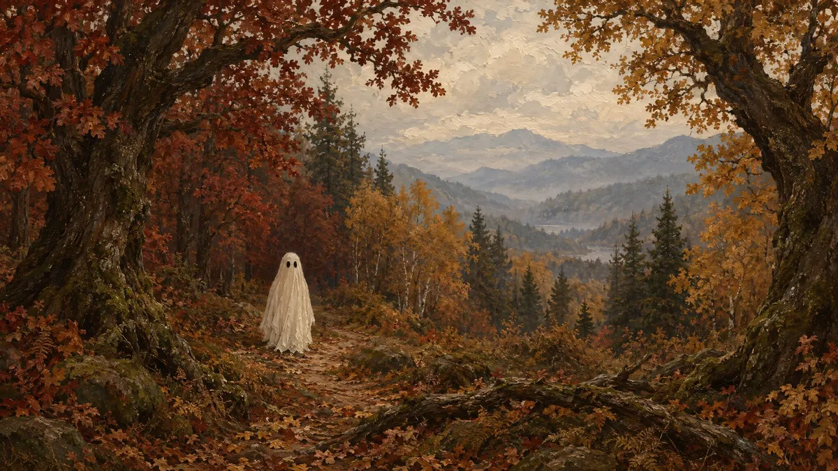 Small white sheet ghost on a leaf-covered forest path between two gnarled oaks, with misty mountains beyond