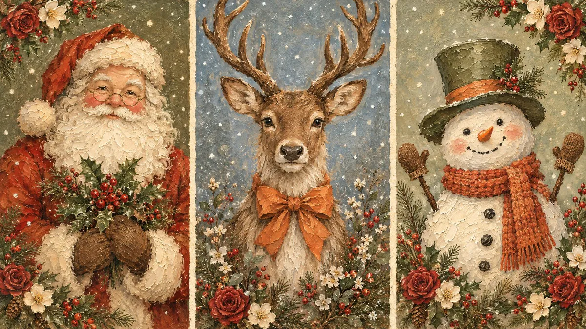 Three oil-painted panels: Santa Claus, a reindeer with an orange bow and a snowman in a green hat, among holly and roses