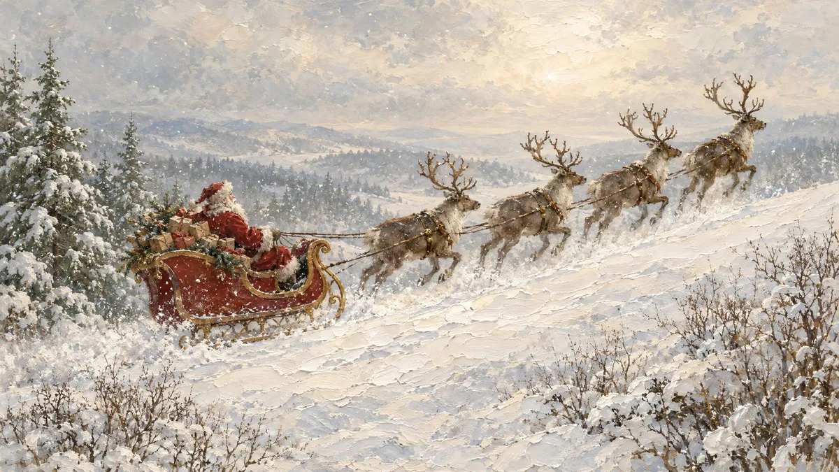 Vintage Santa Sleigh Winter Hills shown on your frame