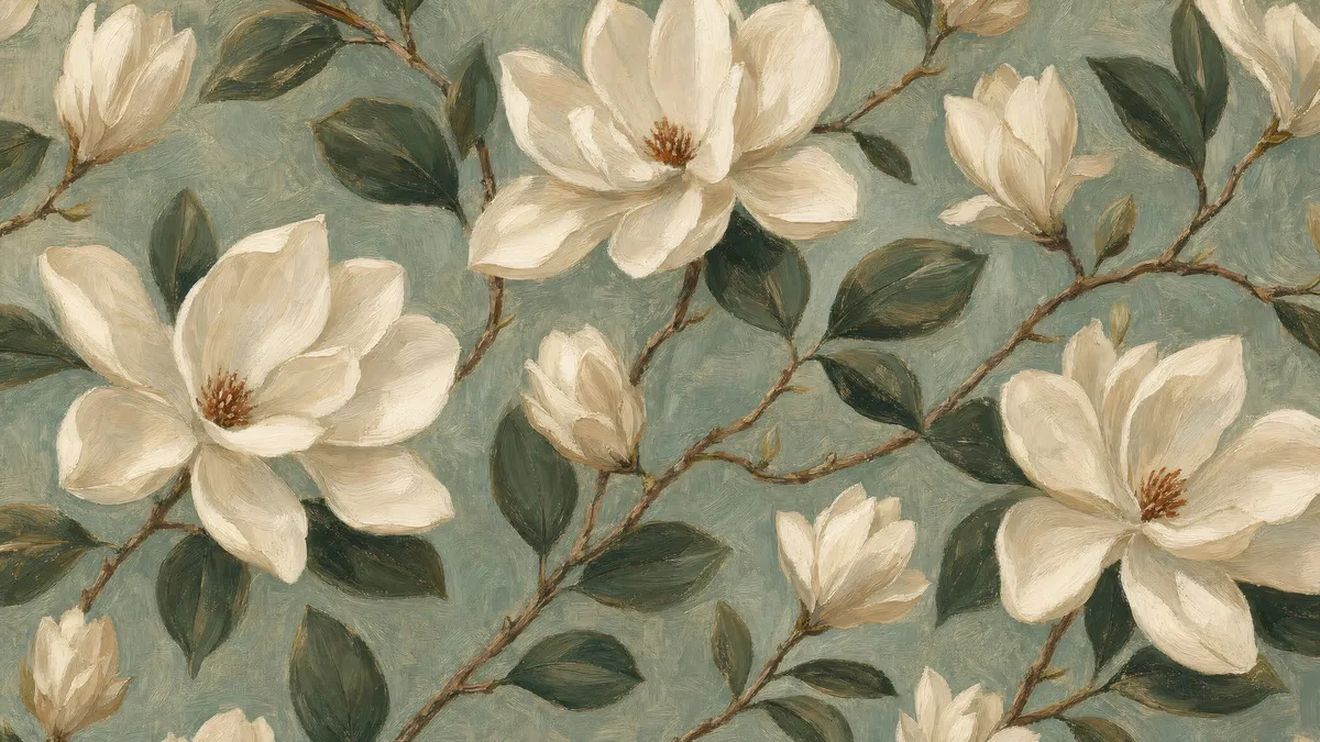White magnolia blossoms and buds on slender branches with dark green leaves against a sage-teal ground
