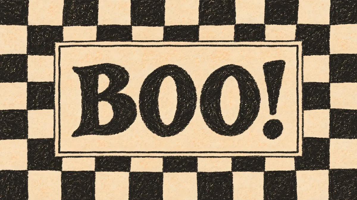 Black and cream checkerboard border around a cream panel with the word BOO! in chunky black crayon letters