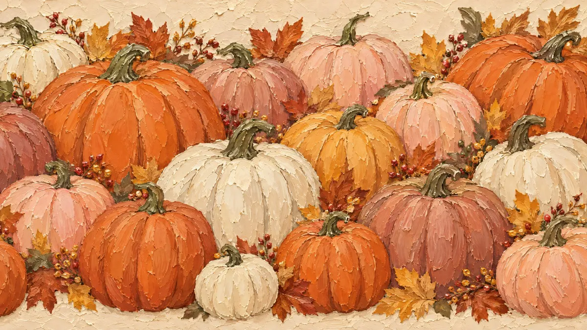 Dense rows of palette-knife pumpkins in orange, yellow, pink and cream, with maple leaves and berry sprigs between