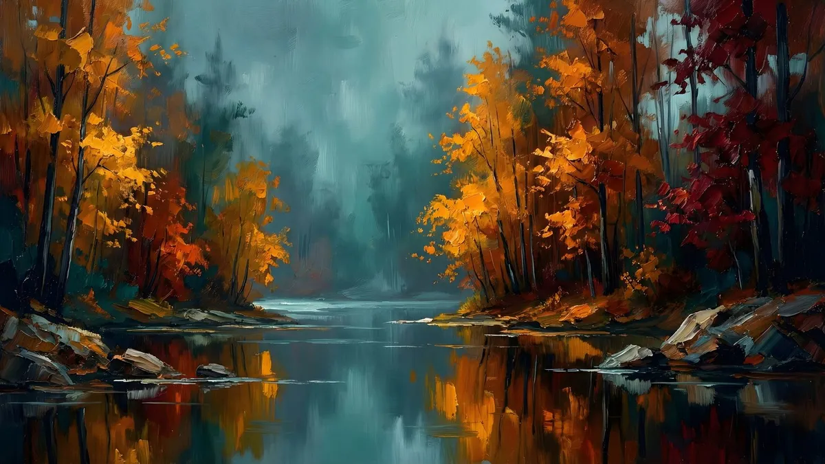 Moody Autumn Lake Landscape shown on your frame