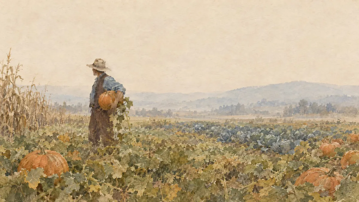 Farmhand in a wide-brimmed hat carrying a pumpkin through a pumpkin patch with misty hills behind