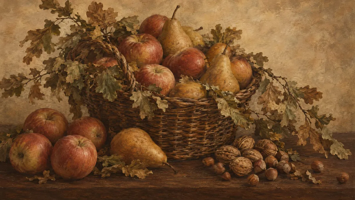 Autumn Apple Basket Still Life shown on your frame