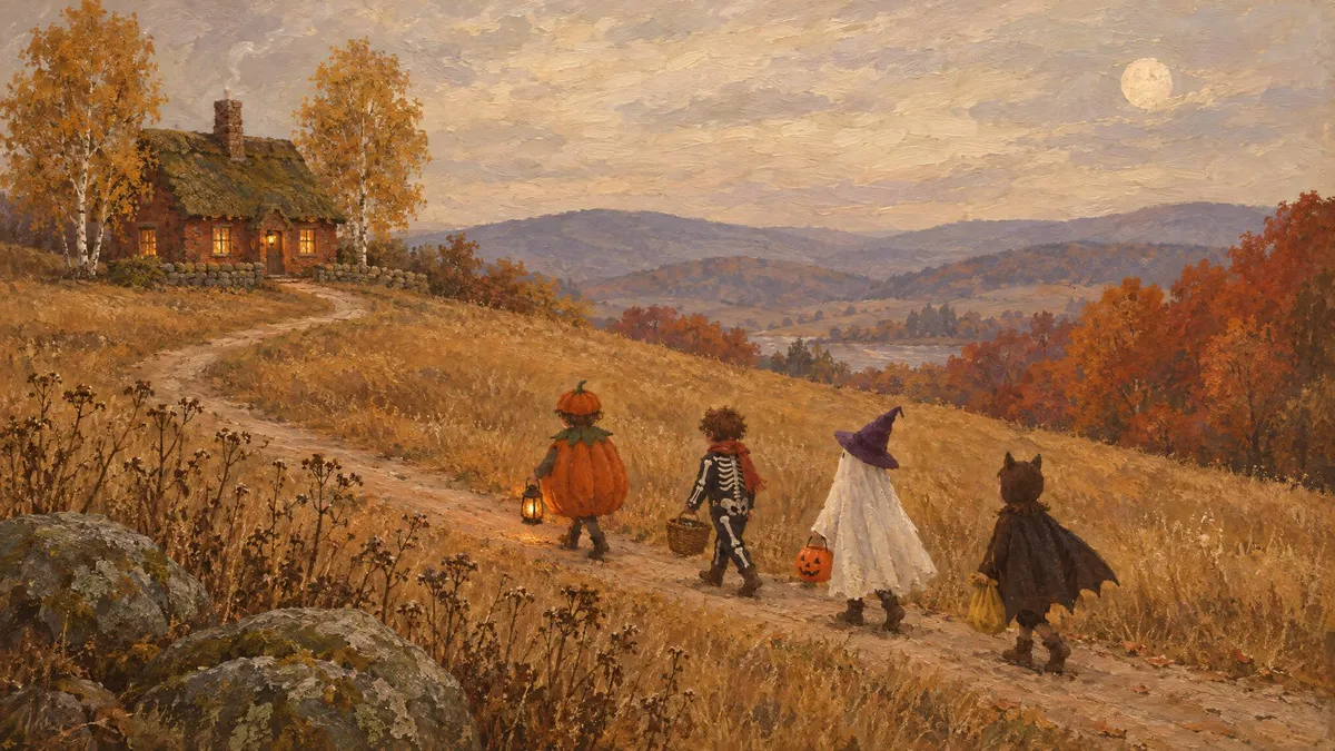 Children in pumpkin, skeleton, ghost and bat costumes walking a dirt path through a golden autumn field toward a red cottage