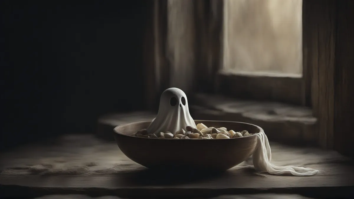 Small white ghost figure in a wooden bowl of pale pebbles beside a dim window, a cloth trailing over the rim