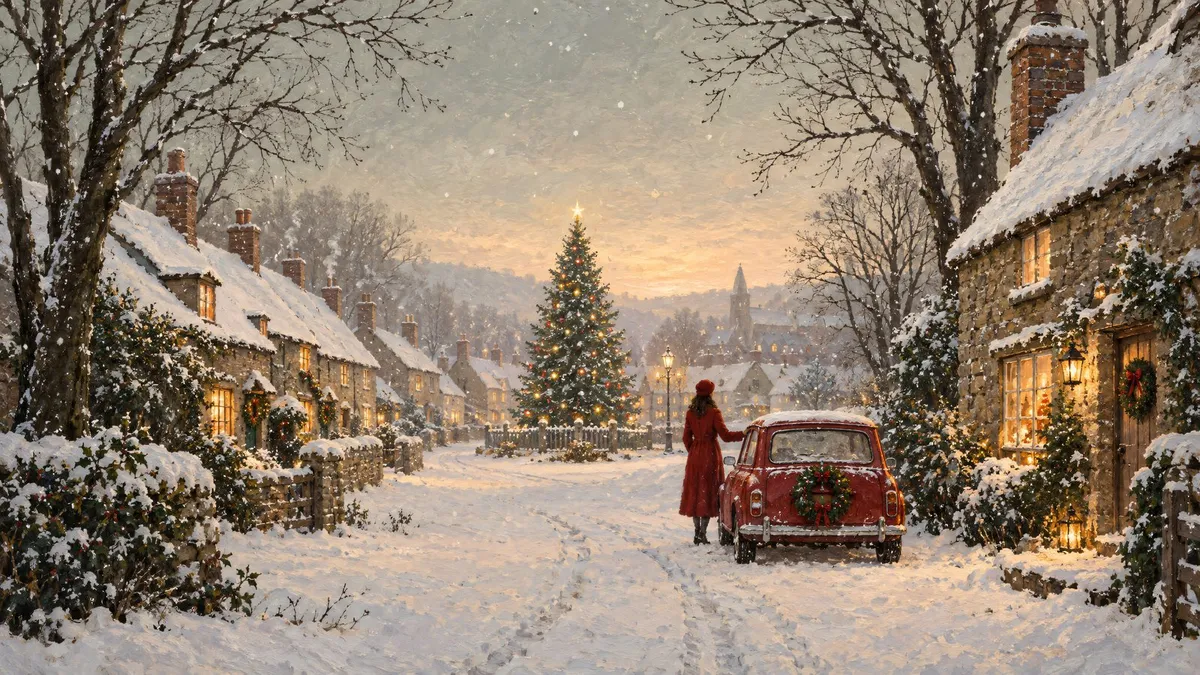 Snowy village lane at dusk with a vintage red car, a figure in a red coat, stone cottages and a lit Christmas tree