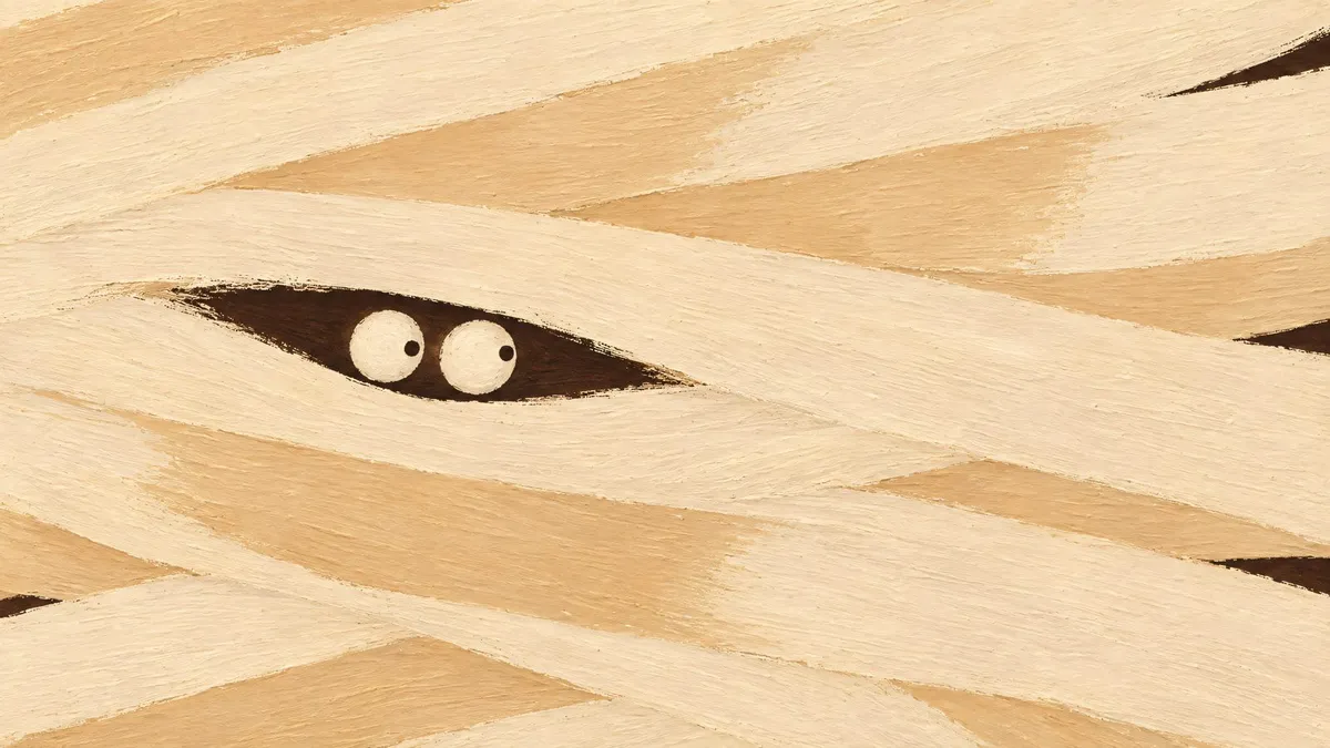 Cream and sand-tan bandage strokes with a narrow dark gap holding two round cartoon eyes with dot pupils
