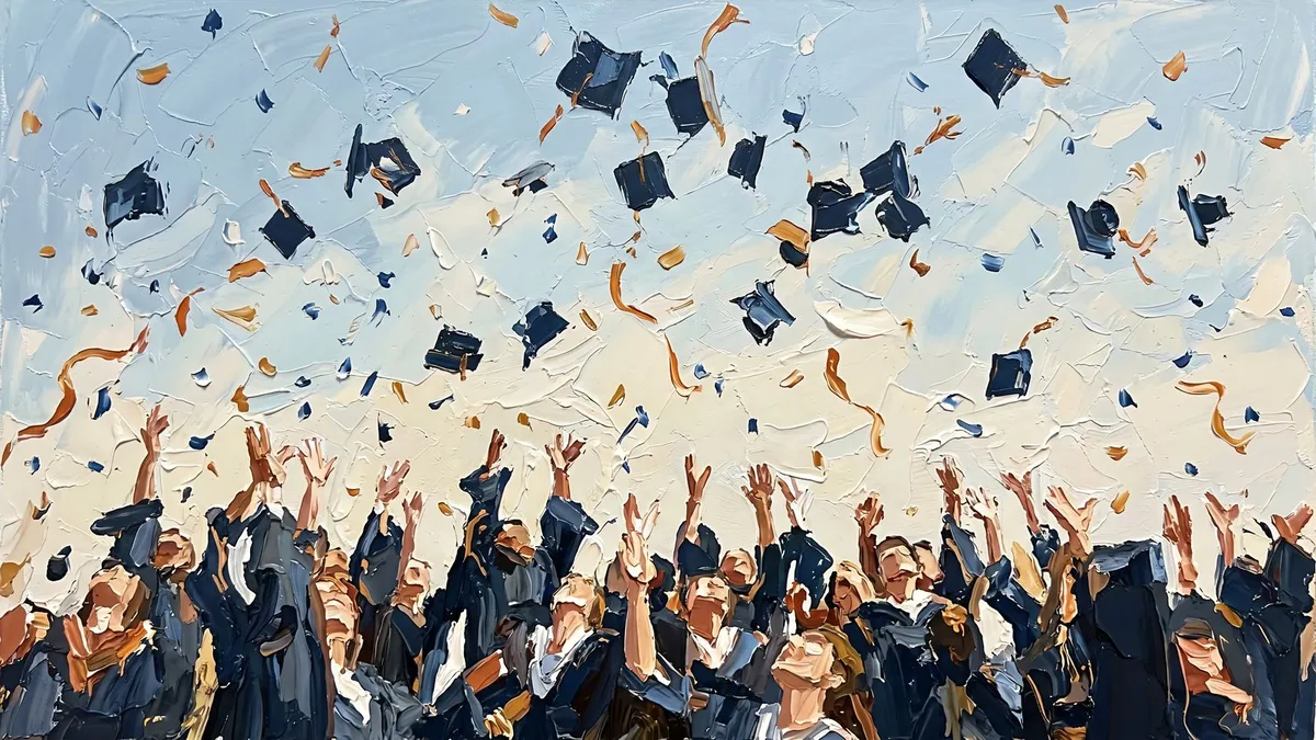 Graduates in dark gowns toss caps into a pale blue sky, with orange streamers and raised hands, in thick paint