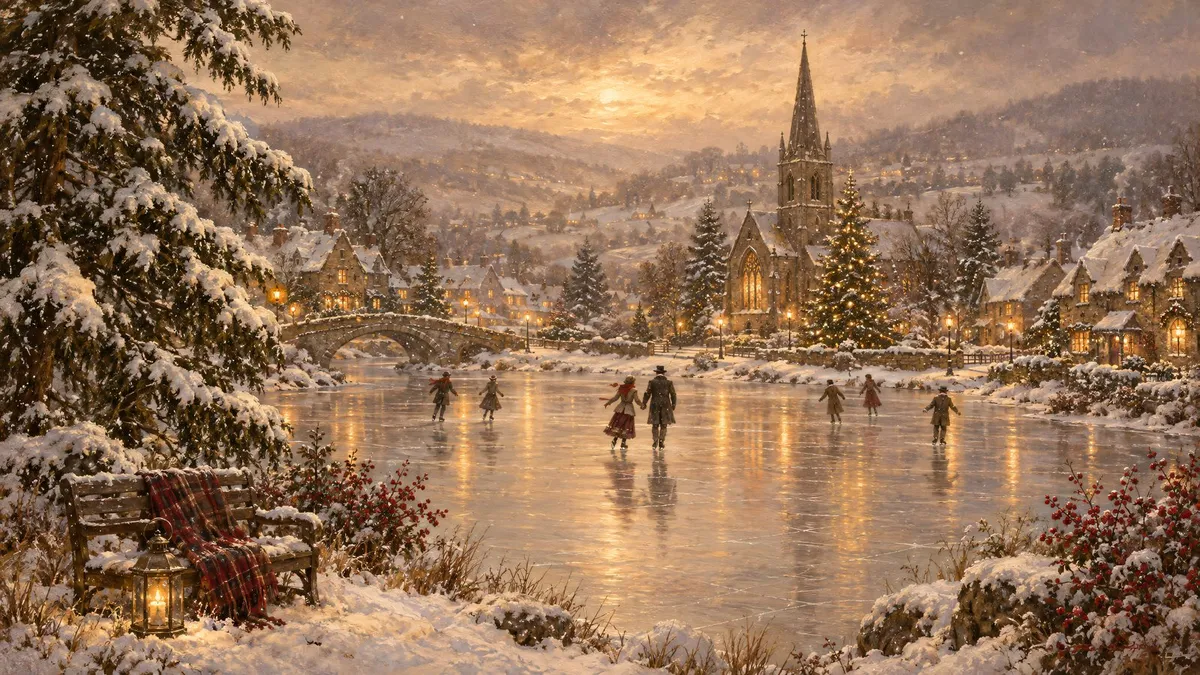 Skaters on a frozen pond before a snowy village with a church spire and a lit Christmas tree at golden dusk