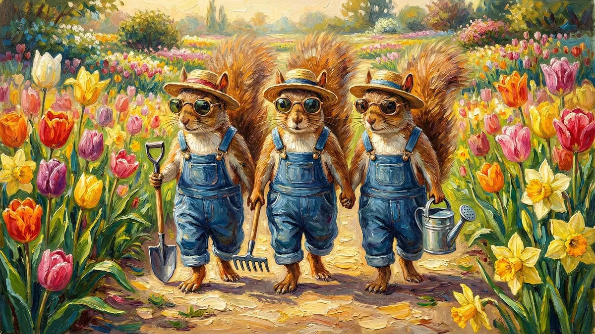 Humorous Squirrels Gardening Tulips shown on your frame
