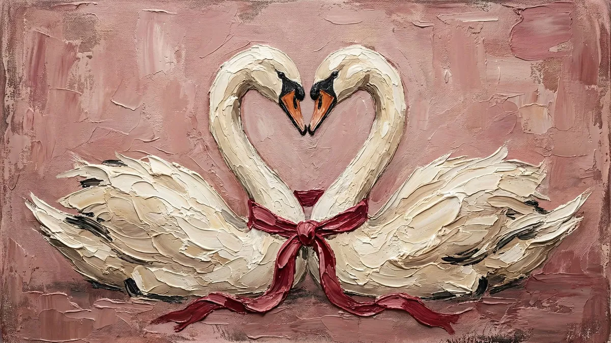 Two white swans with necks forming a heart, tied together by a red ribbon on a textured dusty pink background