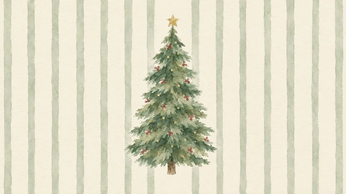 Watercolor Christmas tree with gold star and red berries on a cream background with sage green vertical stripes