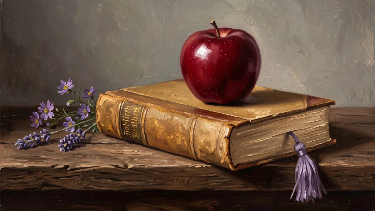 Apple And Antique Book shown on your frame