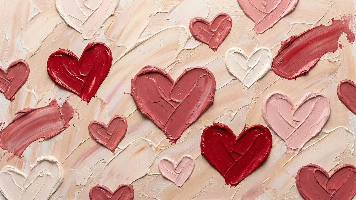 Thick red, pink and cream paint strokes shaped like hearts on a pale peach textured ground
