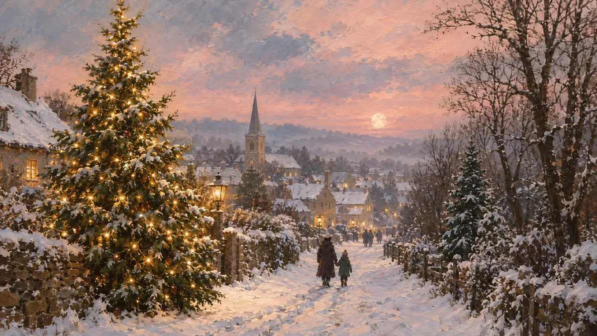 Christmas Village Sunset shown on your frame